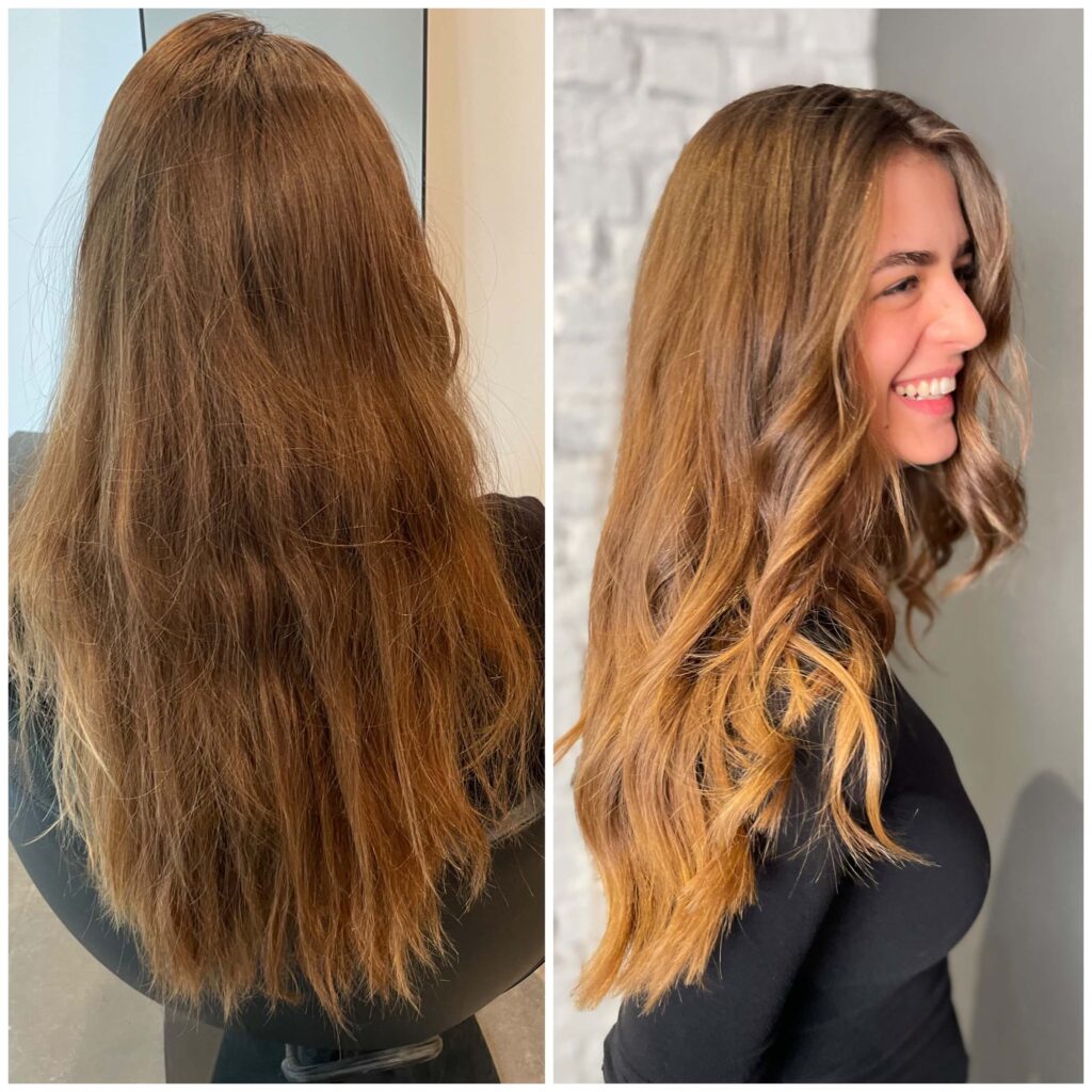 Kundin mit dunkel blondem Haar vor und nach der Balayage Behandlung durch Kieselbach Friseur Berlin Mitte