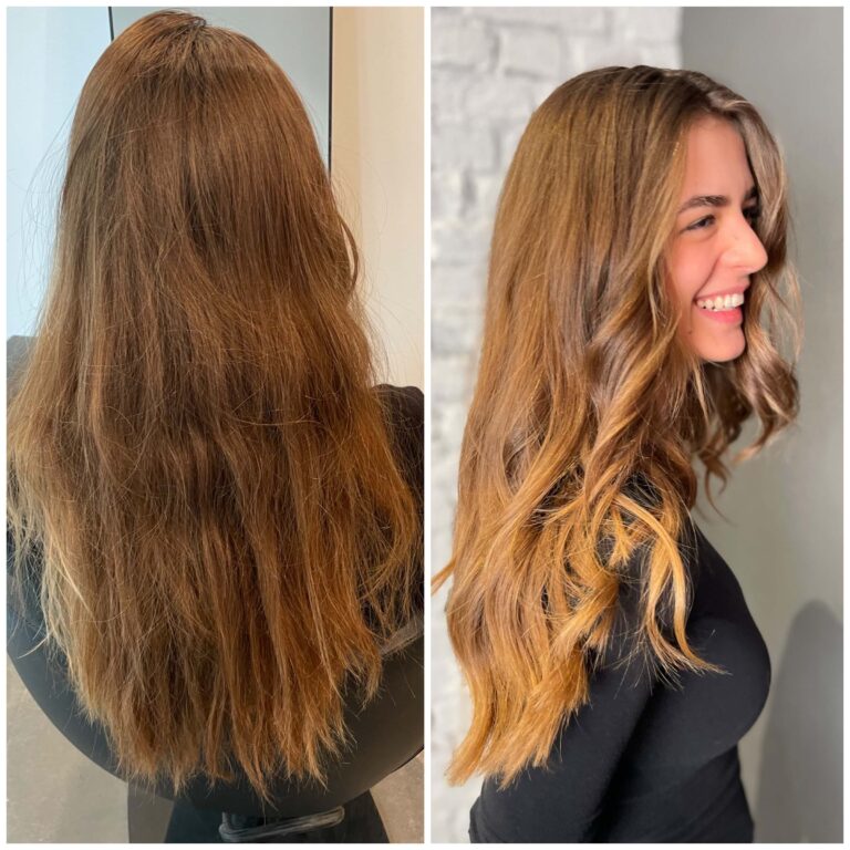 Kundin mit dunkel blondem Haar vor und nach der Balayage Behandlung durch Kieselbach Friseur Berlin Mitte