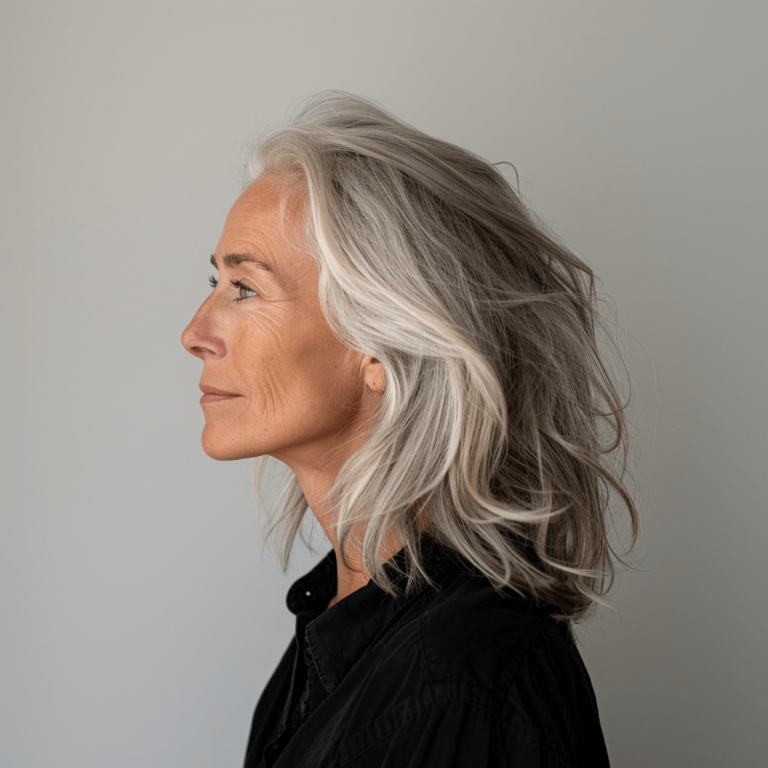 Frau mit susdrucksstarkem Greyblending made by Kieselbach Friseur Berlin Mitte