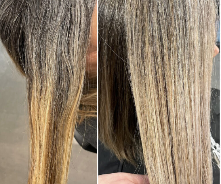 Grau-Blonde Haare vor und nach der Behandlung durch Anja Kieselbach, Friseur Berlin Mitte