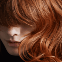 Nahaufnahme von Frauenkopf mit lachsfarbenem Haar